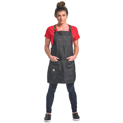 Tạp dề yếm denim cotton điều chỉnh dây chéo lưng màu đen Mercer Culinary Metro Edge Renegade M63208DENBR 77,5 x 64,1 cm