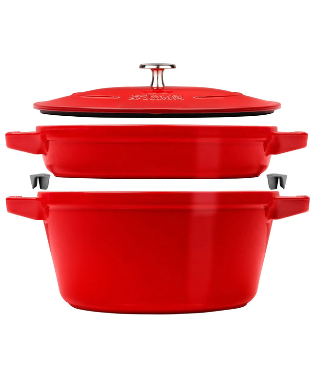 (2 pieces) STAUB | Stackable Cast Iron Cocotte & Pan Set – Ø 24 cm - Cherry Red - Enamelled