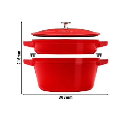 (2 pieces) STAUB | Stackable Cast Iron Cocotte & Pan Set – Ø 24 cm - Cherry Red - Enamelled