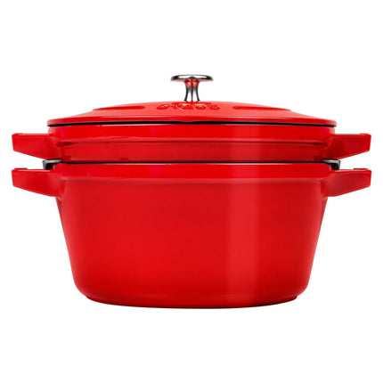(2 pieces) STAUB | Stackable Cast Iron Cocotte & Pan Set – Ø 24 cm - Cherry Red - Enamelled