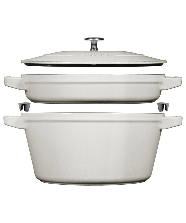 (2 pieces) STAUB | Stackable Cast Iron Cocotte & Pan Set – Ø 24 cm - White Truffle - Enamelled