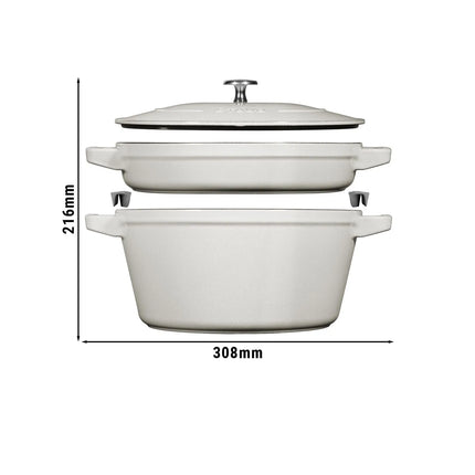 (2 pieces) STAUB | Stackable Cast Iron Cocotte & Pan Set – Ø 24 cm - White Truffle - Enamelled