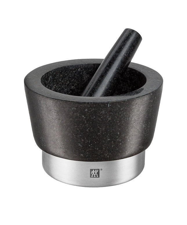 (2 pieces) ZWILLING | Granite Mortar & Pestle Ø150 mm – Non-slip Feet - 18/10 Stainless Ring - Black