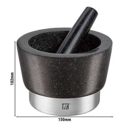 (2 pieces) ZWILLING | Granite Mortar & Pestle Ø150 mm – Non-slip Feet - 18/10 Stainless Ring - Black