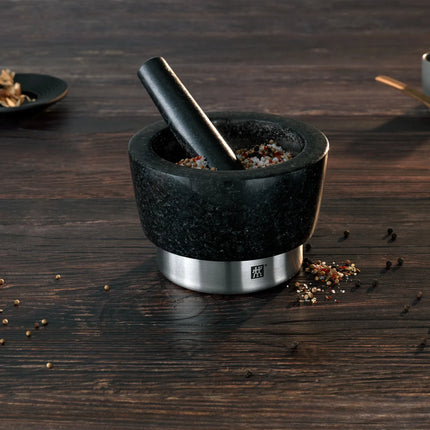 (2 pieces) ZWILLING | Granite Mortar & Pestle Ø150 mm – Non-slip Feet - 18/10 Stainless Ring - Black