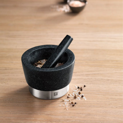 (2 pieces) ZWILLING | Granite Mortar & Pestle Ø150 mm – Non-slip Feet - 18/10 Stainless Ring - Black