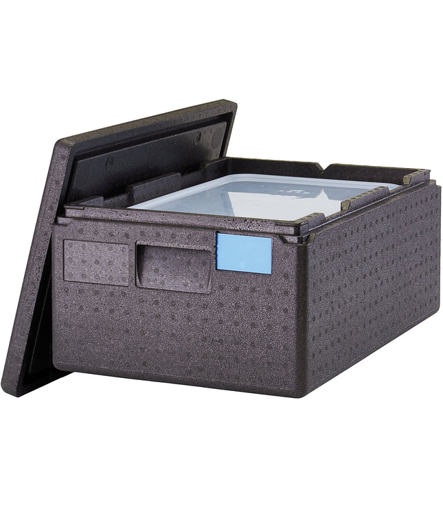 Thùng giữ nhiệt EPP nạp trên Cambro Cam GoBox đen kèm khay và nắp đậy - khay full-size sâu 15 cm