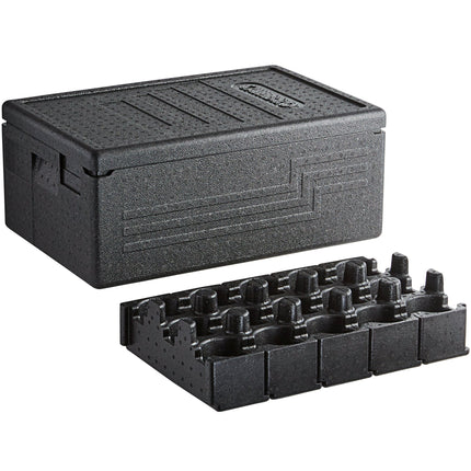 Thùng giữ nhiệt EPP nạp trên Cambro Cam GoBox đen kèm giá đựng ly 15 ngăn - khay full-size sâu 15 cm