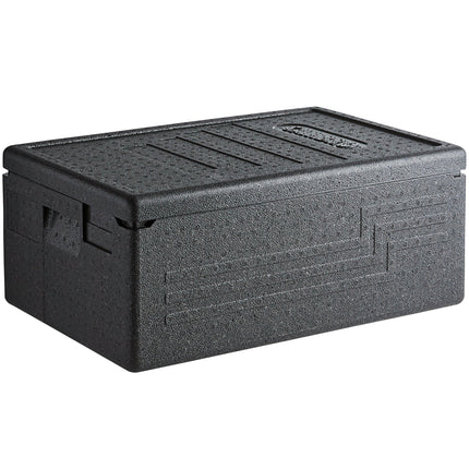 Thùng giữ nhiệt EPP nạp trên Cambro Cam GoBox đen kèm giá đựng ly 15 ngăn - khay full-size sâu 15 cm