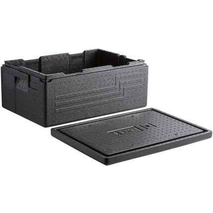 Thùng giữ nhiệt EPP nạp trên Cambro Cam GoBox đen kèm giá đựng ly 15 ngăn - khay full-size sâu 15 cm
