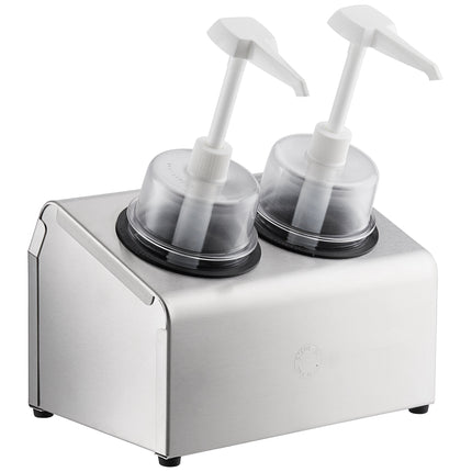 Bộ bình phân phối gia vị Steril-Sil thép không gỉ 2 ngăn 890 ml, ống chứa đen và nắp bơm vòm
