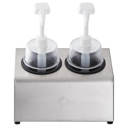 Bộ bình phân phối gia vị Steril-Sil thép không gỉ 2 ngăn 890 ml, ống chứa đen và nắp bơm vòm