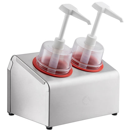 Bộ bình phân phối gia vị Steril-Sil thép không gỉ 2 ngăn 890 ml, ống chứa đỏ và nắp bơm vòm