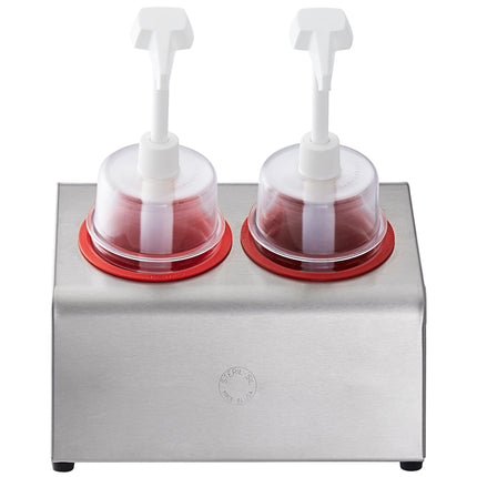 Bộ bình phân phối gia vị Steril-Sil thép không gỉ 2 ngăn 890 ml, ống chứa đỏ và nắp bơm vòm