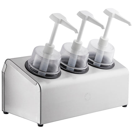 Bộ bình phân phối gia vị Steril-Sil thép không gỉ 3 ngăn 890 ml, ống chứa đen và nắp bơm vòm