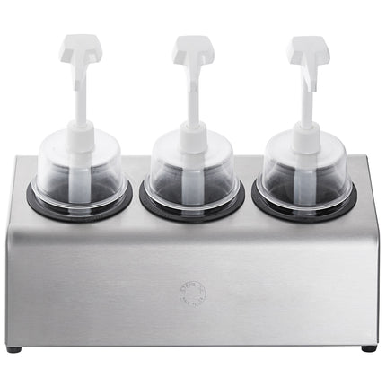Bộ bình phân phối gia vị Steril-Sil thép không gỉ 3 ngăn 890 ml, ống chứa đen và nắp bơm vòm
