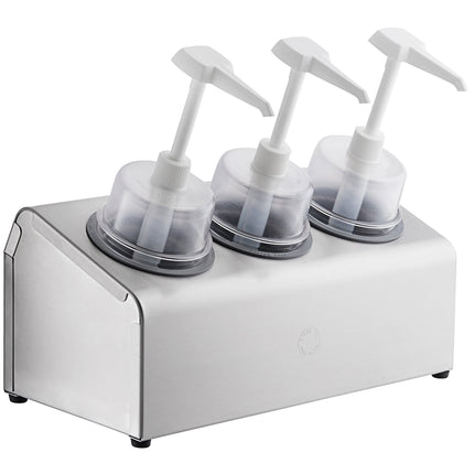 Bộ bình phân phối gia vị Steril-Sil thép không gỉ 3 ngăn 890 ml, ống chứa xám và nắp bơm vòm