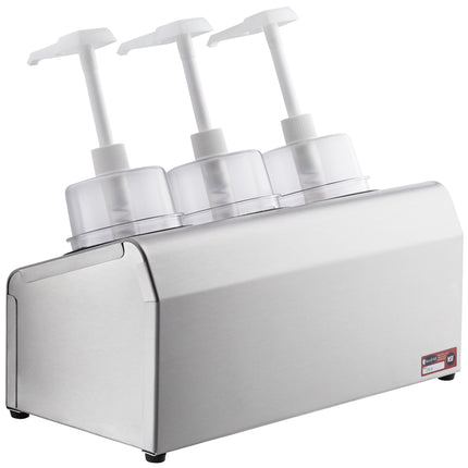 Bộ bình phân phối gia vị Steril-Sil thép không gỉ 3 ngăn 890 ml, ống chứa xám và nắp bơm vòm