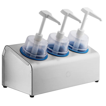 Bộ bình phân phối gia vị Steril-Sil thép không gỉ 3 ngăn 890 ml, ống chứa xanh dương và nắp bơm vòm