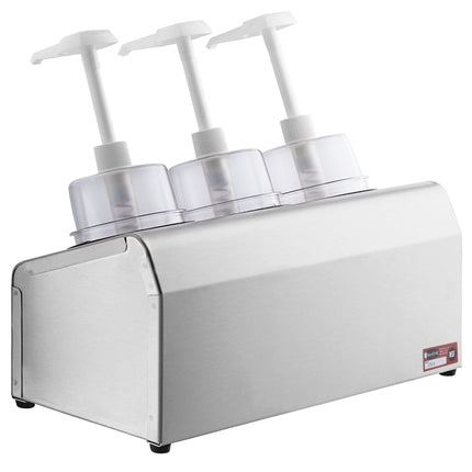 Bộ bình phân phối gia vị Steril-Sil thép không gỉ 3 ngăn 890 ml, ống chứa xanh dương và nắp bơm vòm