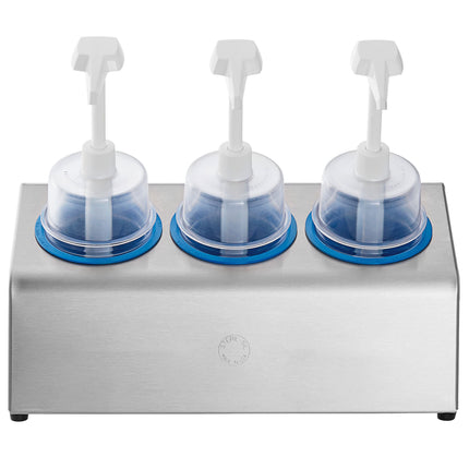 Bộ bình phân phối gia vị Steril-Sil thép không gỉ 3 ngăn 890 ml, ống chứa xanh dương và nắp bơm vòm