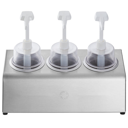 Bộ bình phân phối gia vị Steril-Sil thép không gỉ 3 ngăn 890 ml, ống chứa inox và nắp bơm vòm