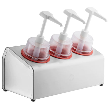 Bộ bình phân phối gia vị Steril-Sil thép không gỉ 3 ngăn 890 ml, ống chứa đỏ và nắp bơm vòm