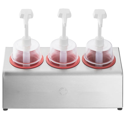 Bộ bình phân phối gia vị Steril-Sil thép không gỉ 3 ngăn 890 ml, ống chứa đỏ và nắp bơm vòm