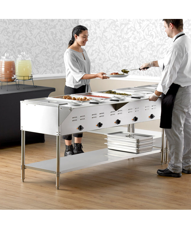 Bàn hâm nóng thức ăn Avantco STE-5S năm khay khoang hở điện bàn hâm nóng với kệ dưới - 208/240V, 3750W