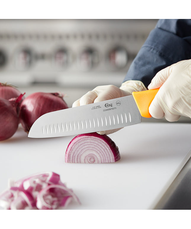 Dao Santoku lưỡi granton Choice 17,8 cm cán cam neon