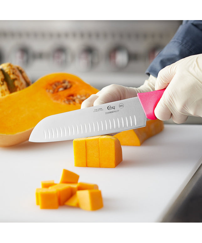 Dao Santoku lưỡi rãnh Granton tay cầm hồng neon Choice 18 cm