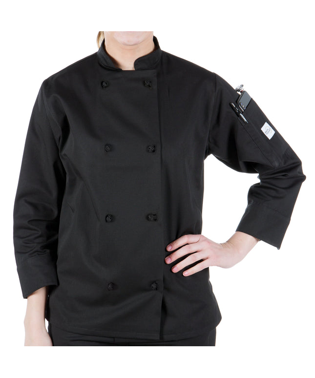 Áo bếp nữ tay dài tùy chỉnh màu đen nút thắt vải Mercer Culinary Millennia® M60022BK - 2X