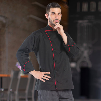 Áo bếp tay dài cao cấp viền chỉ đỏ Uncommon Chef Murano 0432 unisex - Màu đen, Size 2XL