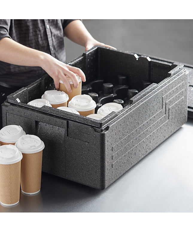 Thùng giữ nhiệt EPP nạp trên Cambro Cam GoBox đen kèm giá đựng ly 15 ngăn - khay full-size sâu 15 cm