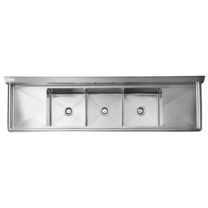 Chậu rửa 3 hộc thương mại Steelton 229 cm kèm 2 bàn ráo 46 cm và lòng chậu 46 x 46 x 30 cm