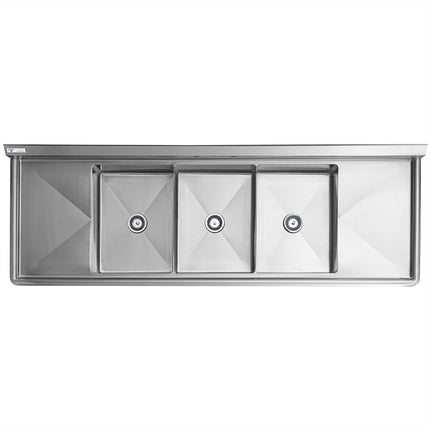 Bồn rửa công nghiệp ba ngăn thép không gỉ Steelton 229 cm kèm hai mặt ráo 46 cm