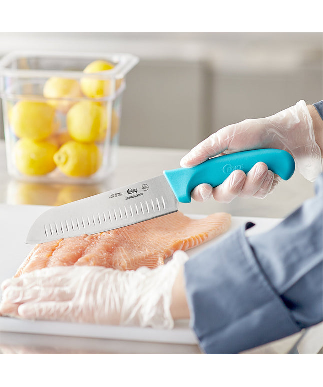 Dao Choice 17,8 cm Santoku với lưỡi rãnh Granton và tay cầm xanh neon