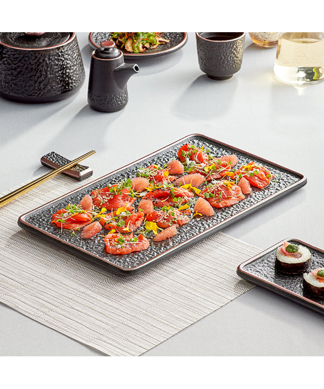 Đồ phục vụ sushi Acopa Heika 34,9 cm x 20,3 cm đen nhám Textured chữ nhật Flat Stoneware đĩa - Thùng 12 cái