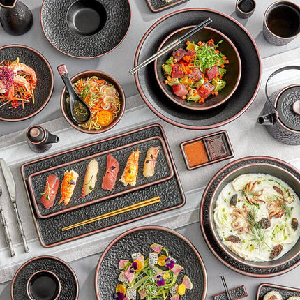 Đồ phục vụ sushi Acopa Heika 34,9 cm x 20,3 cm đen nhám Textured chữ nhật Flat Stoneware đĩa - Thùng 12 cái