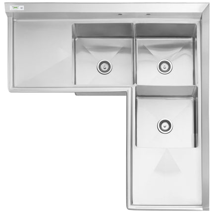 Bồn rửa công nghiệp góc 3 ngăn Regency 145 cm, 2 mặt ráo 46 cm