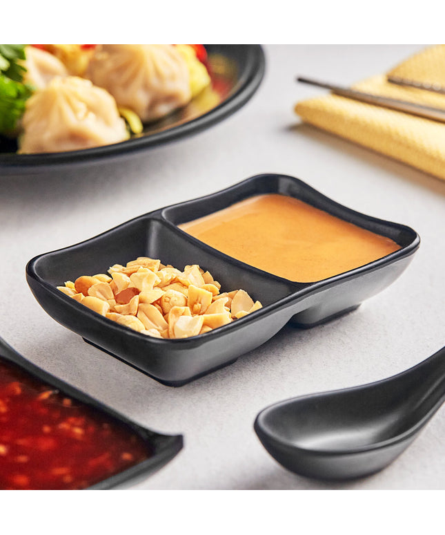 Đĩa nước chấm melamine 2 ngăn Acopa Izumi đen mờ 89 ml - Hộp 12 cái