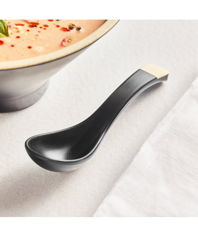 Muỗng Acopa Ugoki 14,6 cm đen nhám và ngà melamine súp - Gói 24 cái