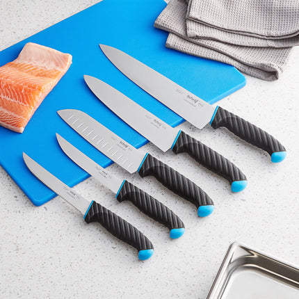 Dao châu Á Schraf 17,8 cm Granton viền Santoku Knife xanh dương TPRgrip tay cầm