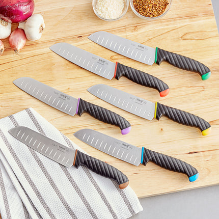 Dao Santoku lưỡi granton Schraf 17,8 cm cán TPRgrip vàng