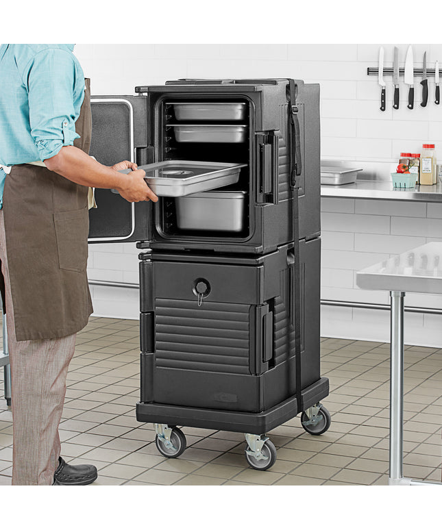 Bộ thùng giữ nhiệt nạp trước Choice đen 12 khay kèm xe đẩy và dây đai