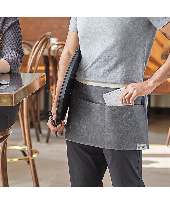 Tạp dề nửa thân vải denim Acopa Kennett xám, 3 túi và dây viền tự nhiên