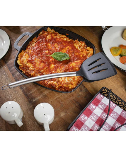 Phới Xẻng Phục Vụ Có Khe Tablecraft CW403 35.6 cm Đầu Silicone Đen Tay Cầm Thép Không Gỉ