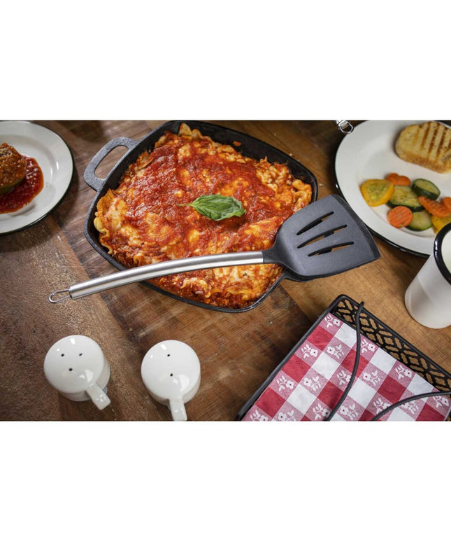 Phới Xẻng Phục Vụ Có Khe Tablecraft CW403 35.6 cm Đầu Silicone Đen Tay Cầm Thép Không Gỉ
