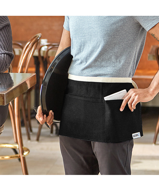 Tạp dề nửa thân vải denim Acopa Kennett đen, 3 túi và dây viền tự nhiên