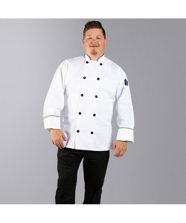 Áo bếp tay dài cao cấp viền chỉ đen Uncommon Chef Madrid 0407 unisex - Màu trắng, Size 2XL